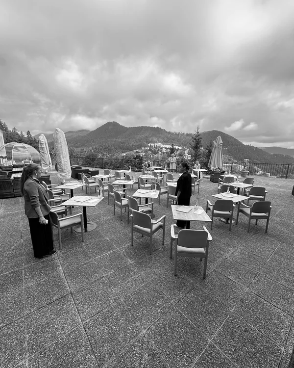 The hotel terrace being set up for an event